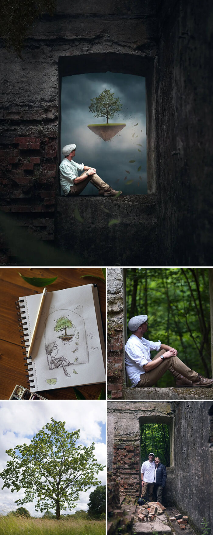 Photo manipulation by Joel Robison: a man sitting in a window frame gazing at a floating tree on a small island.