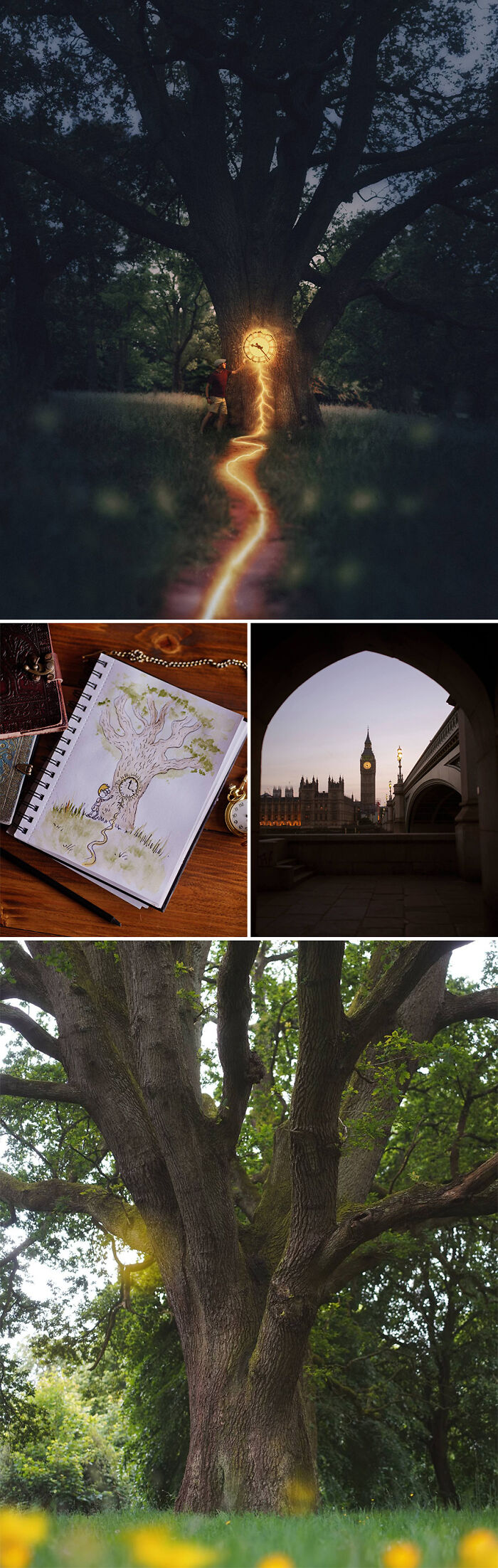 Photo manipulation featuring a glowing tree with a path and clock illustration, inspired by Joel Robison.