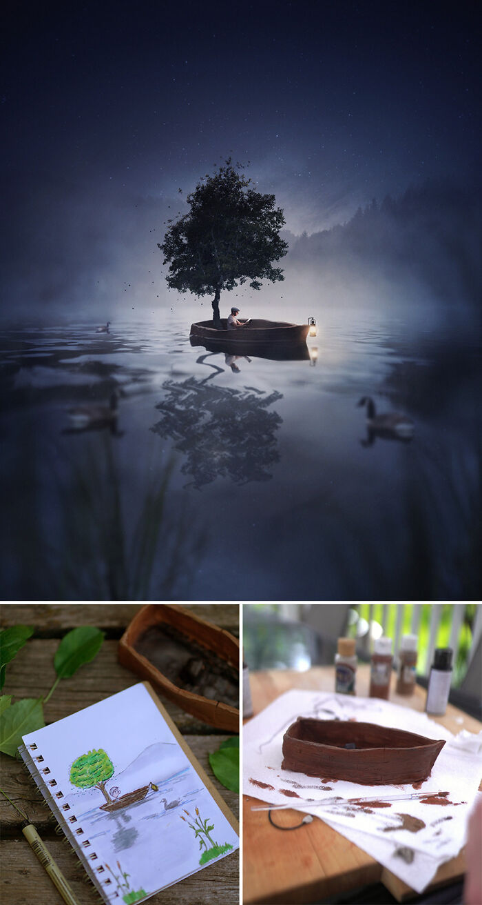 Photo manipulation by Joel Robison, showing a tree on a boat with supportive sketches and models nearby.