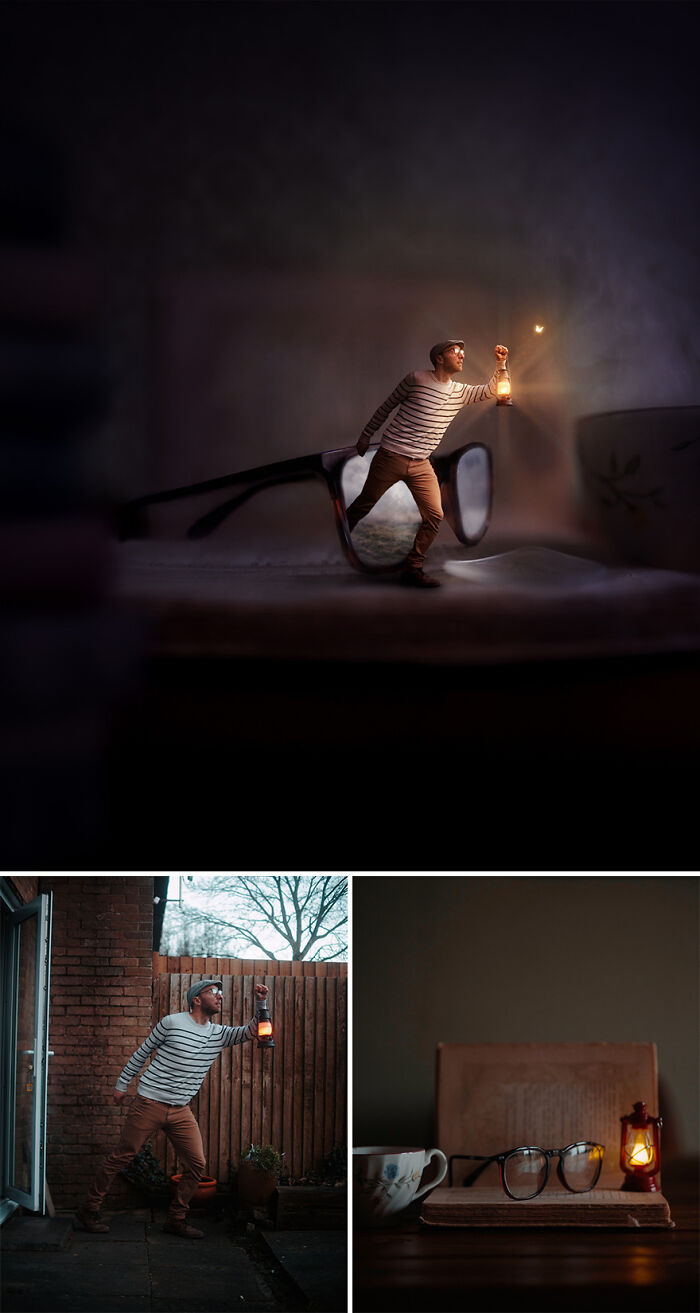 Man with a lantern in creative photo manipulation by Joel Robison, featuring oversized glasses and a teacup.