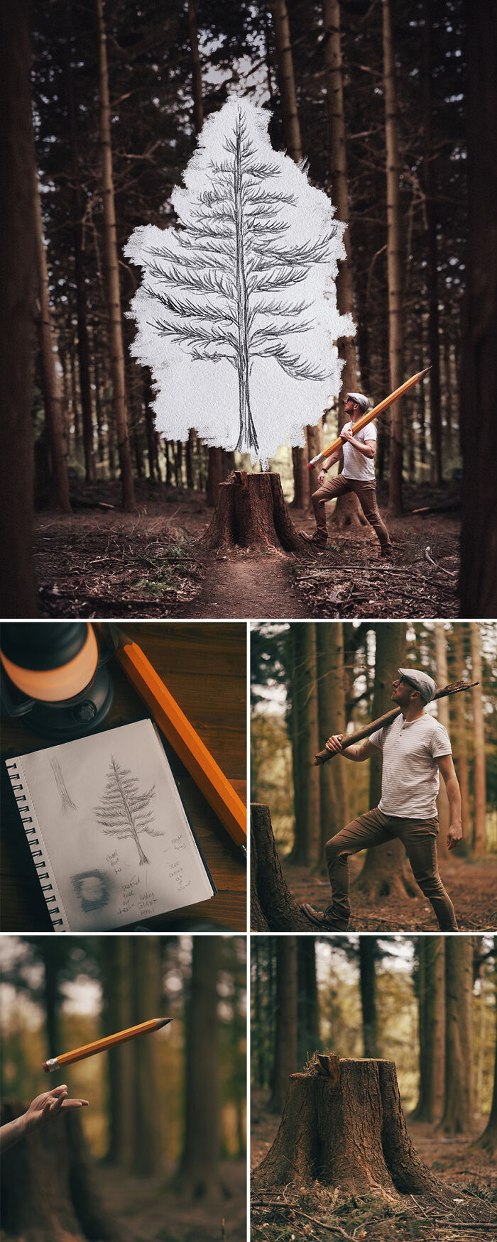 Photo manipulation by Joel Robison showing a giant pencil sketching a tree in a forest setting.