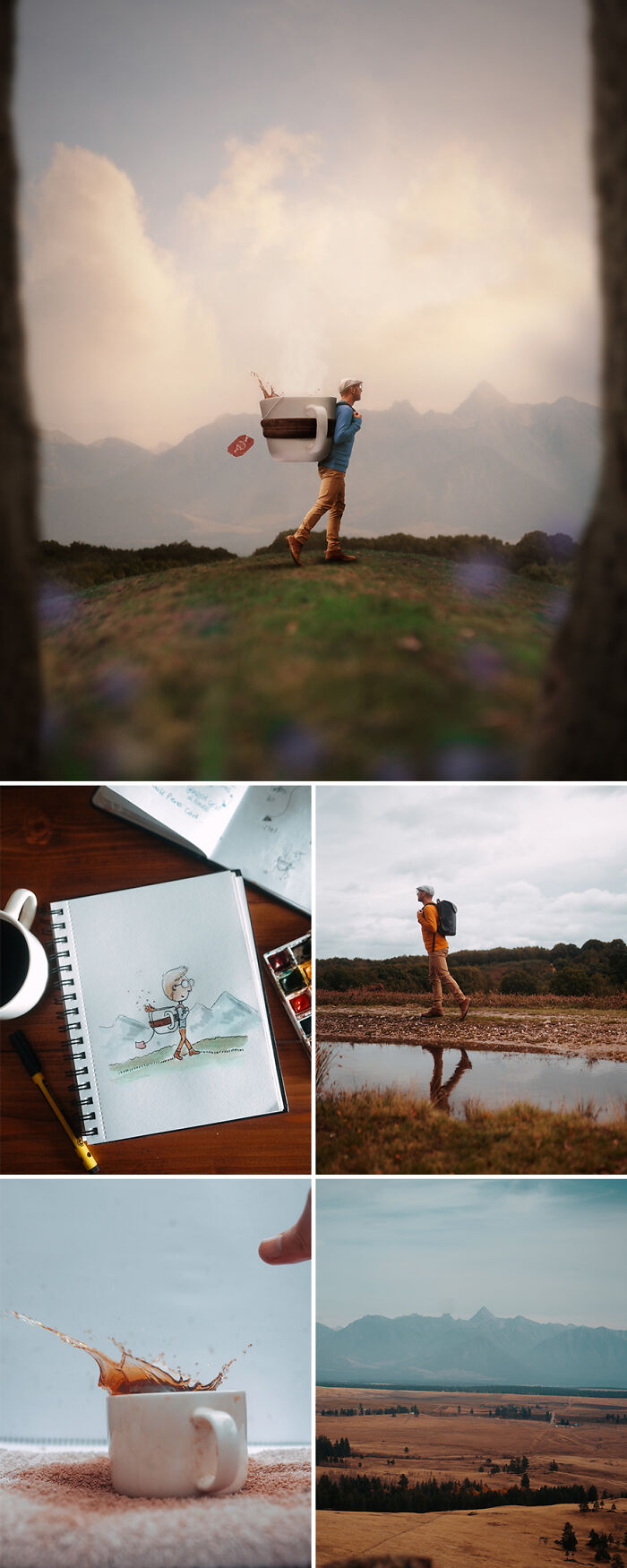 Photo manipulation by Joel Robison showing a person carrying a giant coffee cup in a surreal landscape.