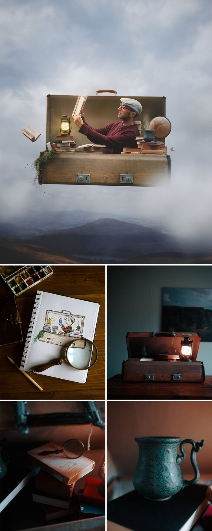 Photo manipulation by Joel Robison featuring a man emerging from a suitcase surrounded by floating books.