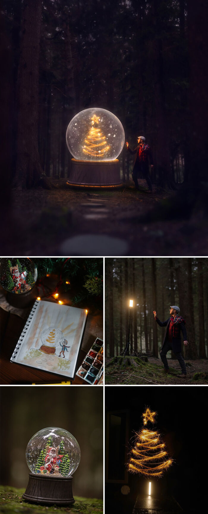 Photo manipulation by Joel Robison: man admires giant snow globe with illuminated tree in forest.