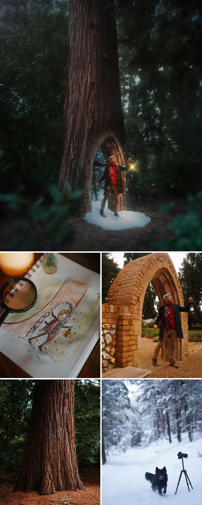 Photo manipulation by Joel Robison featuring imaginative scenes with trees and arches in a forest setting.