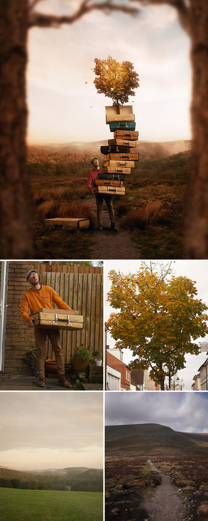 Man balancing a tall stack of suitcases topped with a tree, representing creative photo manipulations.