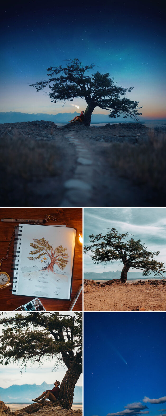 Photo manipulations by Joel Robison: a dreamy landscape with a lone tree, a sketchbook, and a contemplative figure.