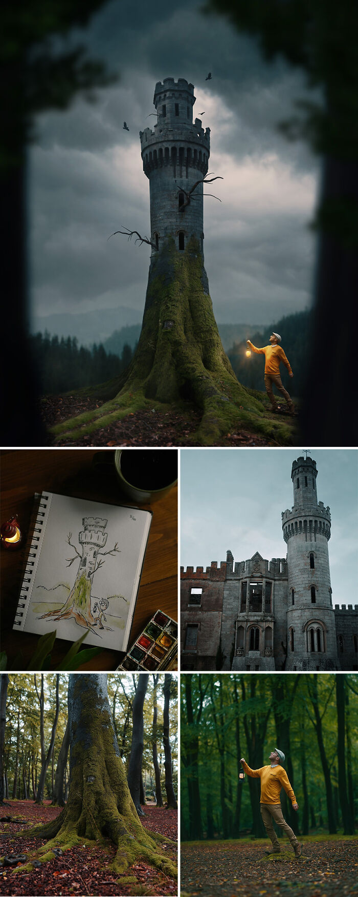 Photo manipulation by Joel Robison showing a fantasy tower growing from tree roots in a mystical forest.