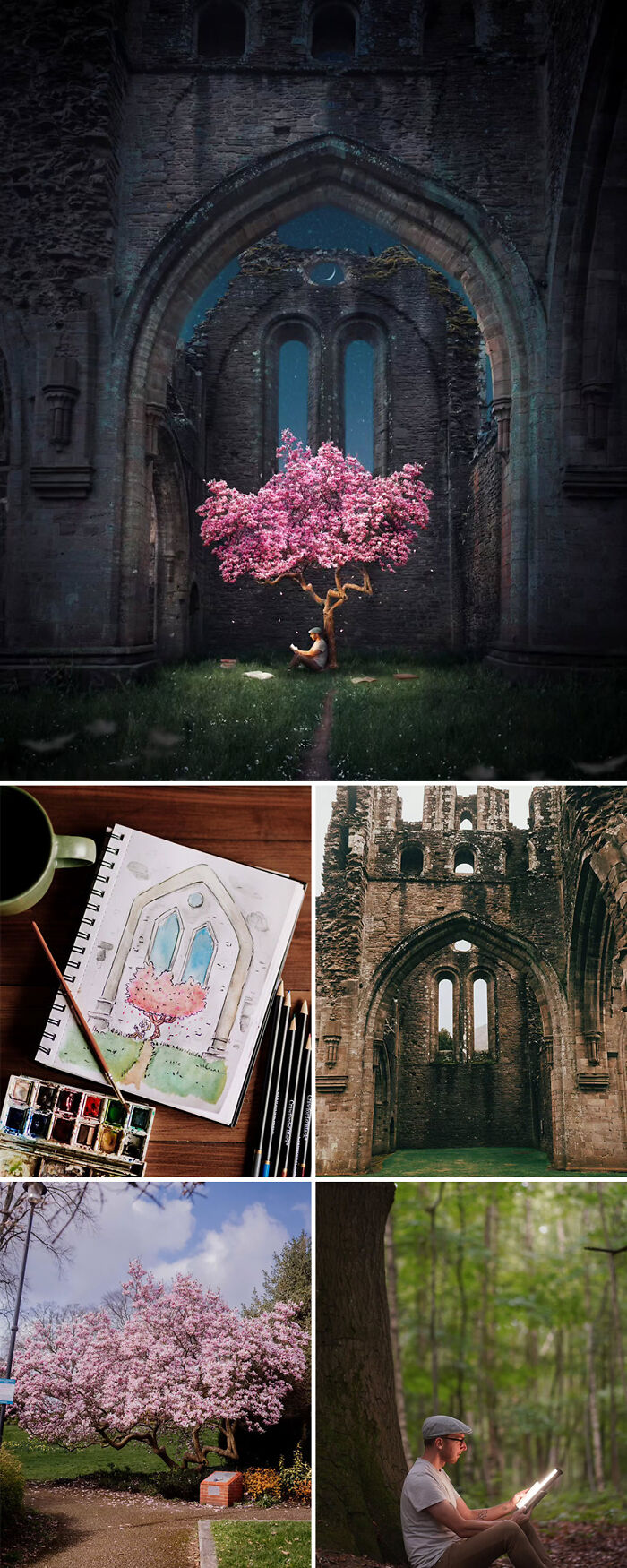 Photo manipulations by Joel Robison featuring a flowering tree in ruins and a sketch of the scene with art supplies.