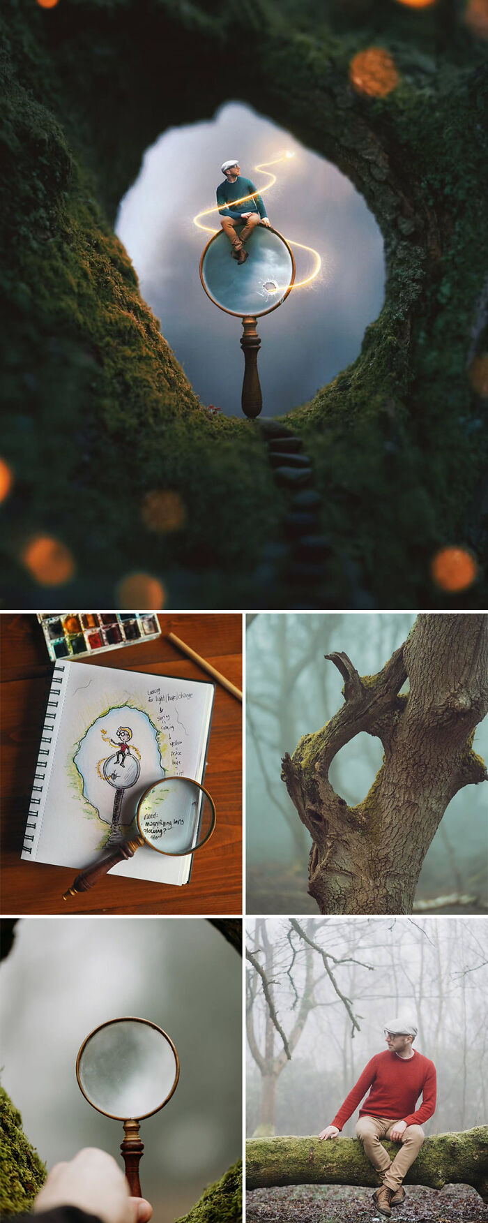 Joel Robison photo manipulations featuring a man with magnifying glass in a forest setting.