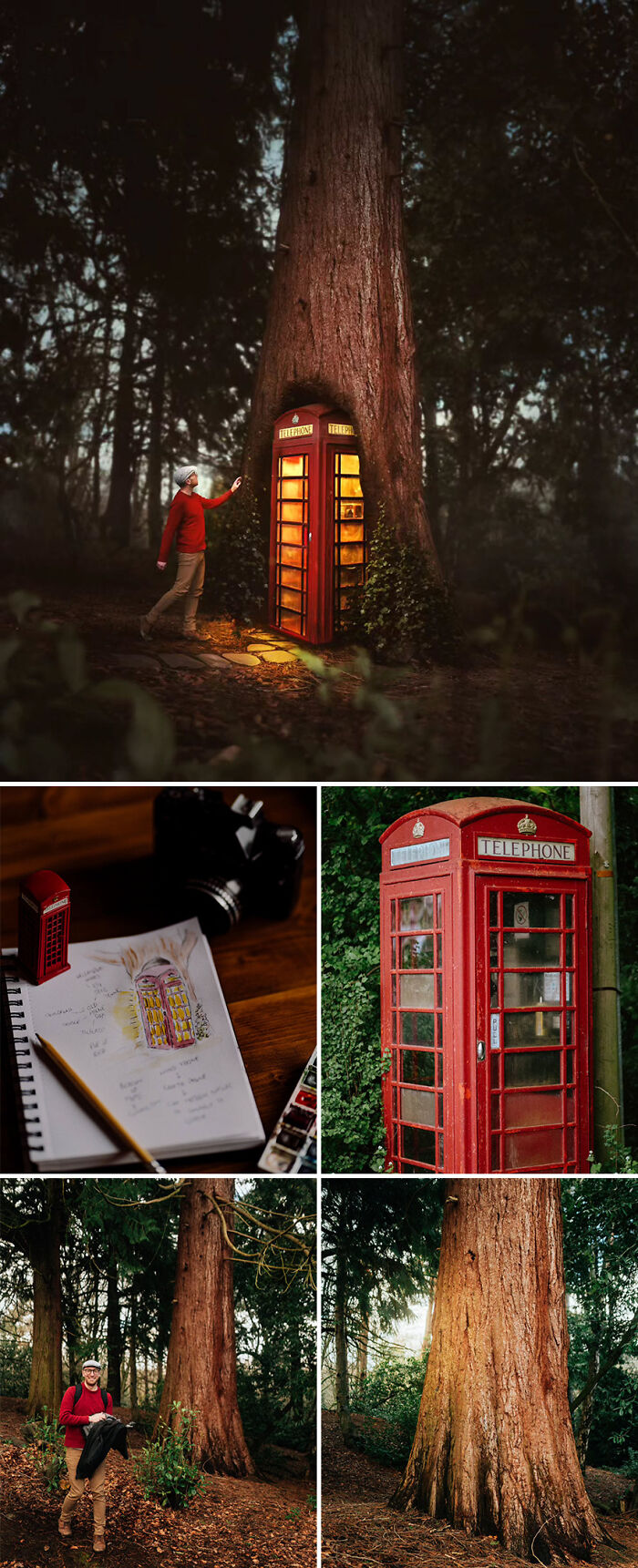 Photo manipulation by Joel Robison featuring a red phone booth inside a tree in a forest setting.
