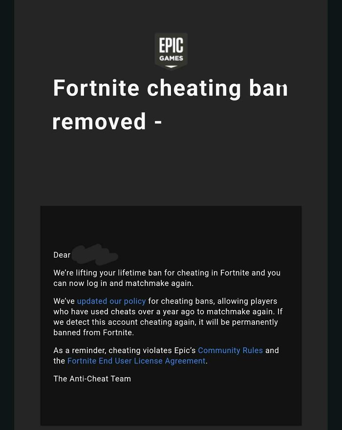 Epic Games message about Fortnite cheating ban removed, allowing players to log in and matchmake again after policy update.