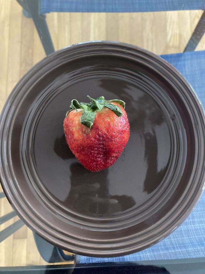 Close-up of a single strawberry on a brown plate, an unremarkable photo that's oddly entertaining.