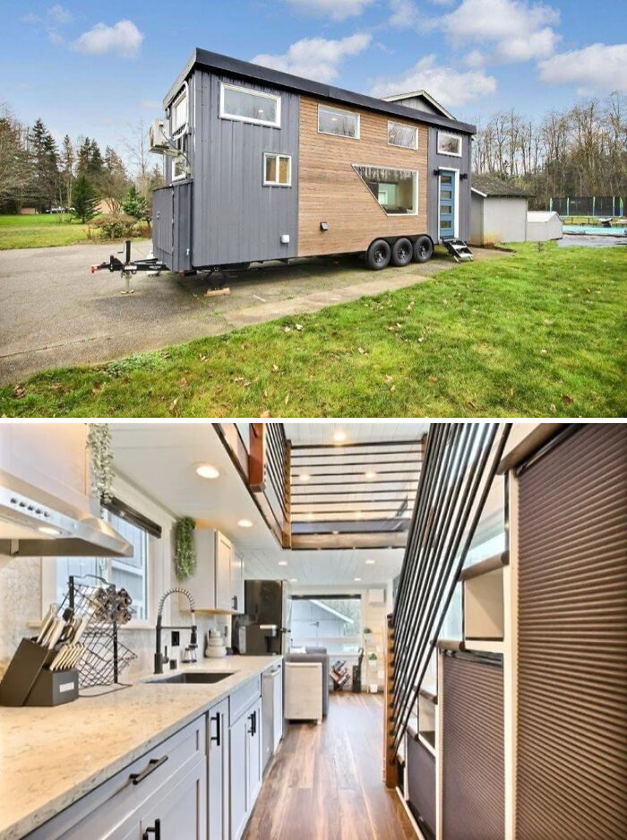 Modern tiny home exterior with wood panels and interior kitchen with white cabinets and wooden floors in off grid living style.