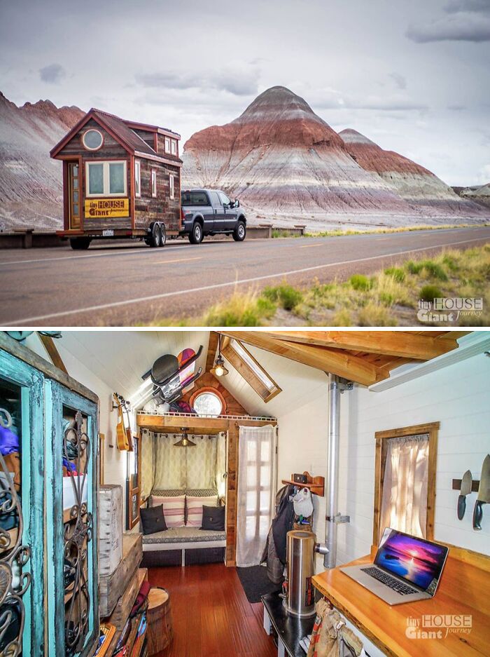 Tiny homes on wheels parked by colorful mountain landscapes and cozy interior with wooden accents off the grid living.