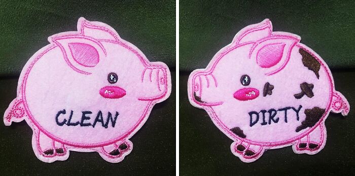 Pink pig-themed funny Mother's Day gifts showing clean and dirty laundry patches on a dark background.