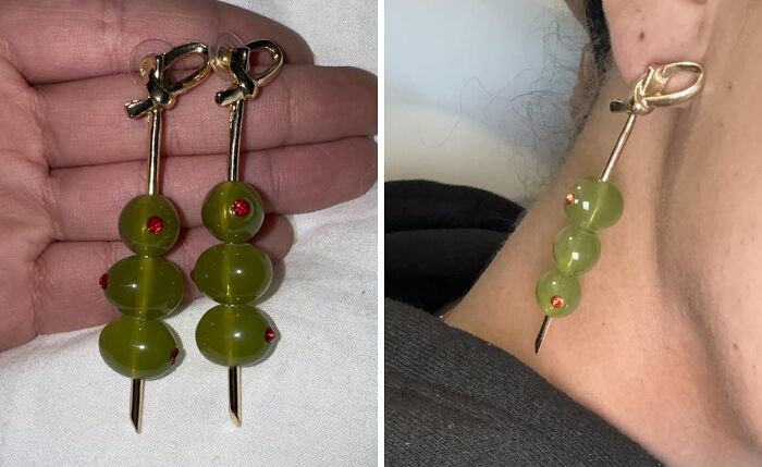 Unique olive cocktail earrings with red accents, a funny Mother's Day gift idea featured online for humor and style.
