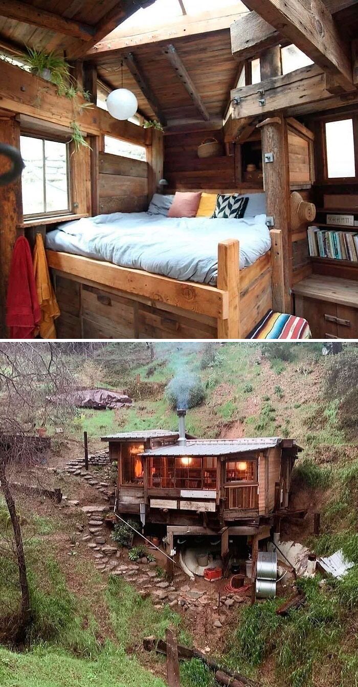 Rustic tiny home interior with wooden bed and cozy pillows, and exterior cabin in lush green off the grid location.