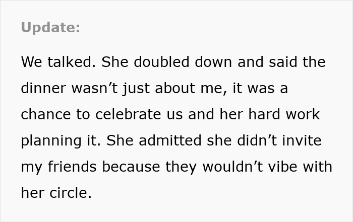 Text update discussing turning a birthday dinner into a celebration for a couple, excluding certain friends. Text update discussing turning a birthday dinner into a celebration for a couple, excluding certain friends.