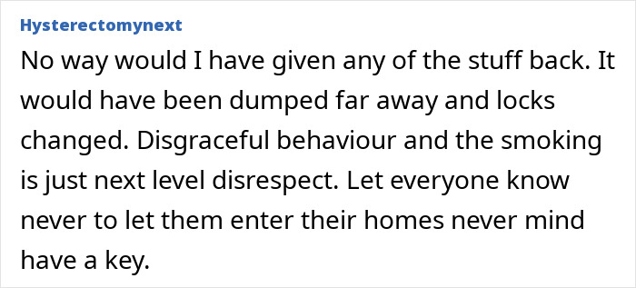 Text response about disrespectful behavior after neighbors destroy a sofa and throw paint in a woman's late mom's house. Text response about disrespectful behavior after neighbors destroy a sofa and throw paint in a woman's late mom's house.