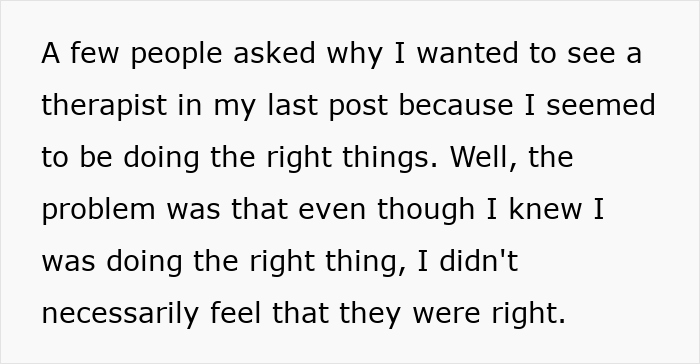 Text discussing a reflective perspective on doing the right thing, related to upset feelings about an ex-girlfriend's marriage. Text discussing a reflective perspective on doing the right thing, related to upset feelings about an ex-girlfriend's marriage.