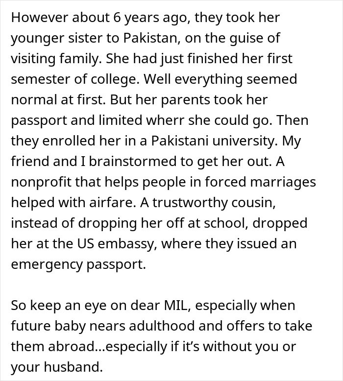 Text detailing a cautionary tale about a woman worried by her mother-in-law's baby comment, referencing passport control. Text detailing a cautionary tale about a woman worried by her mother-in-law's baby comment, referencing passport control.