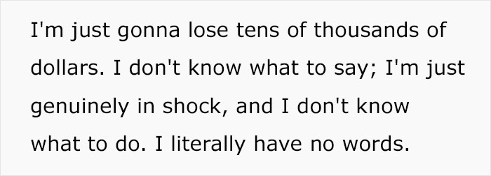 Text expressing a small business owner's shock over new tariffs and potential financial loss in the US. Text expressing a small business owner's shock over new tariffs and potential financial loss in the US.