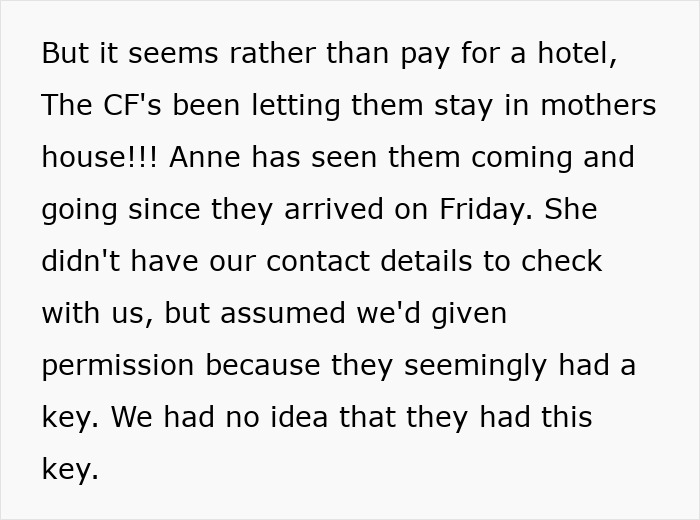 Text on a background detailing unauthorized stay in a mother's house by neighbors, causing disturbance. Text on a background detailing unauthorized stay in a mother's house by neighbors, causing disturbance.