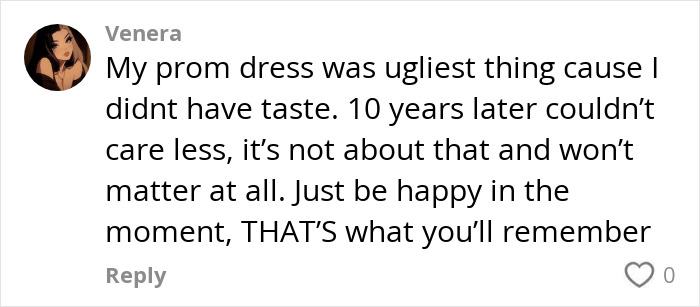 Comment discusses prom dress memories and self-acceptance. Comment discusses prom dress memories and self-acceptance.