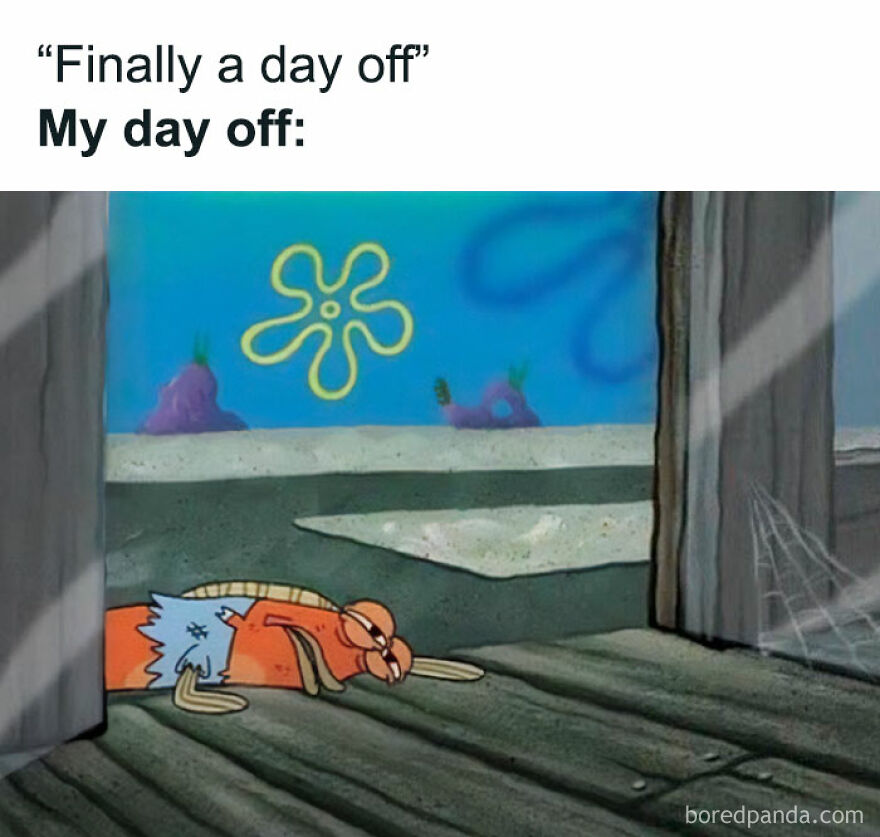 Cartoon character exhausted on the floor, humorously depicting the reality of a day off.