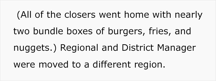 Text discussing break policy adherence and kitchen chaos with employees taking home food boxes. Text discussing break policy adherence and kitchen chaos with employees taking home food boxes.
