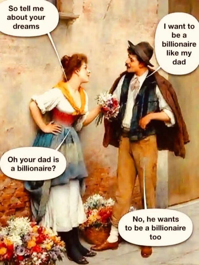 Vintage style art meme of a man and woman humorously discussing billionaires, showcasing petty energy for daily mental breakdowns.