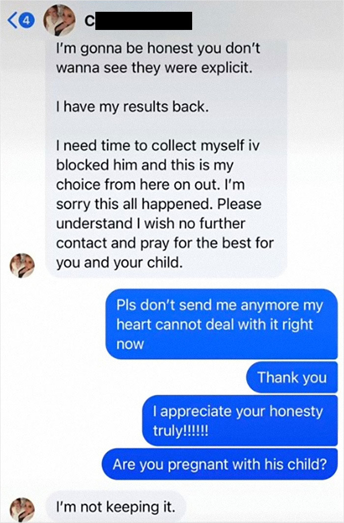 Text conversation revealing pregnancy results and cheating. Text conversation revealing pregnancy results and cheating.