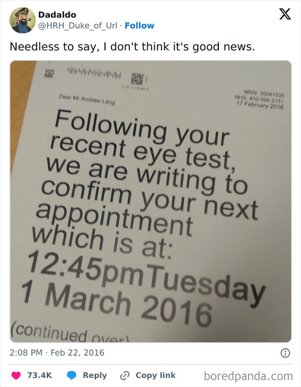 Scottish humor shown with a letter about an eye test appointment joke.