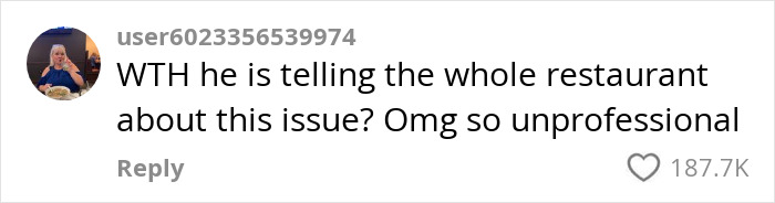 Comment criticizing restaurant owner for being unprofessional, highlighting a customer-shaming incident. Comment criticizing restaurant owner for being unprofessional, highlighting a customer-shaming incident.