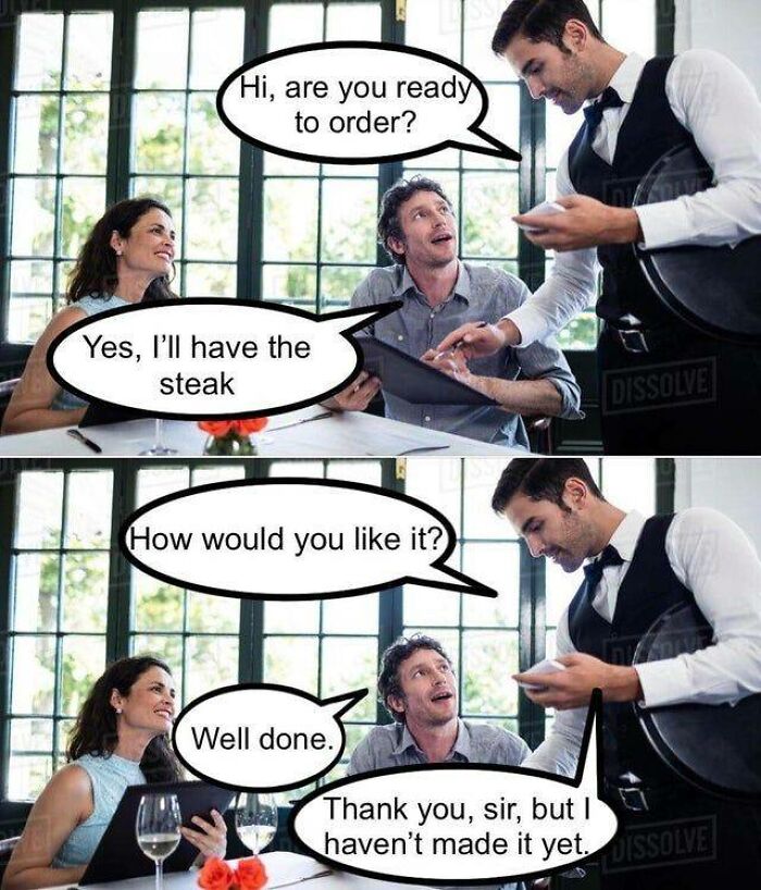 Couple ordering steak with waiter in restaurant, featuring a funny dad joke conversation about steak doneness.