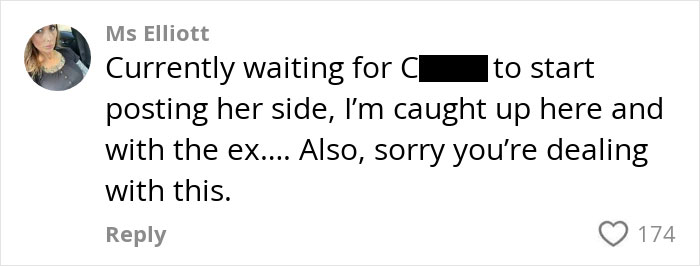 Comment from Ms. Elliott about relationship drama, expressing support and curiosity about the developing situation. Comment from Ms. Elliott about relationship drama, expressing support and curiosity about the developing situation.
