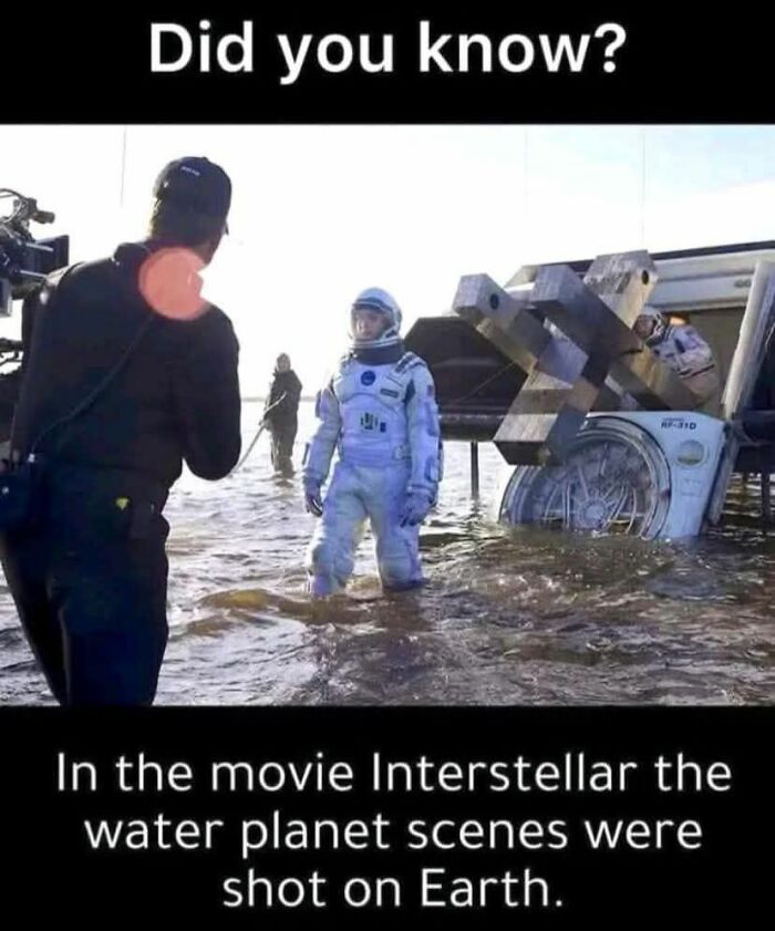 Behind the scenes of Interstellar water planet scenes filmed on Earth, a funny dad joke context from a Facebook group post.