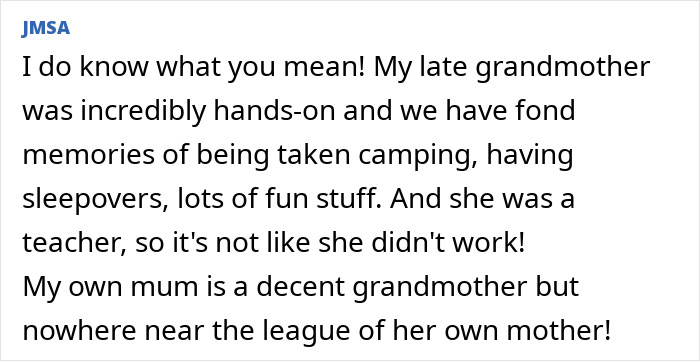 Text discussing modern grandparenting double standards, sharing memories of a hands-on grandmother compared to the current generation. Text discussing modern grandparenting double standards, sharing memories of a hands-on grandmother compared to the current generation.