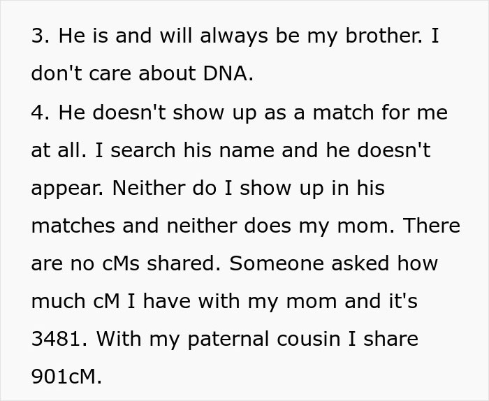Text discussing unexpected family DNA results and shared cM with mom and cousin. Text discussing unexpected family DNA results and shared cM with mom and cousin.