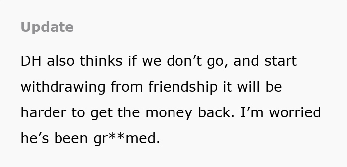 Text update about a couple worried over £40k loan, fearing grooming of the husband. Text update about a couple worried over £40k loan, fearing grooming of the husband.