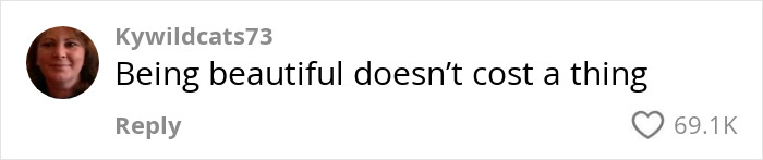 User comment saying "Being beautiful doesn't cost a thing" relating to viral prom dress story. User comment saying "Being beautiful doesn't cost a thing" relating to viral prom dress story.