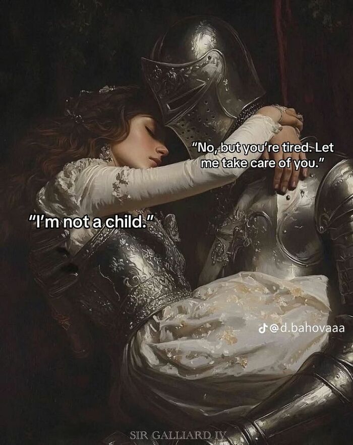 Woman in medieval armor resting on a knight, with art memes capturing perfectly petty energy and emotional care.