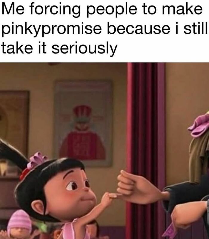 Animated girl holding out pinky finger for a pinky promise with text about taking pinky promises seriously dad joke.