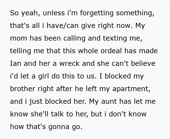 Text about family upset over girlfriend's reaction to brother's prank. Text about family upset over girlfriend's reaction to brother's prank.