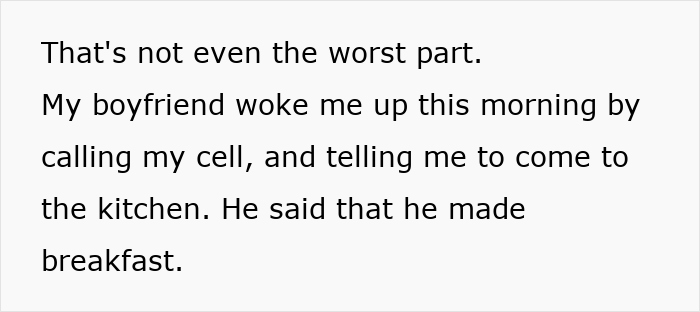 Text about a breakfast surprise from a boyfriend causing distress to an upset ex-girlfriend. Text about a breakfast surprise from a boyfriend causing distress to an upset ex-girlfriend.