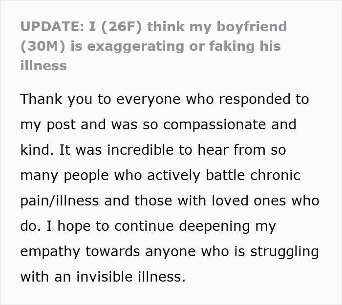 Text about boyfriend's illness and people's support for those with chronic pain. Text about boyfriend's illness and people's support for those with chronic pain.