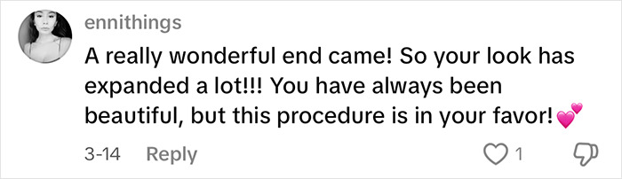 Comment praising YouTube influencer's eyelid surgery results with heart emojis. Comment praising YouTube influencer's eyelid surgery results with heart emojis.