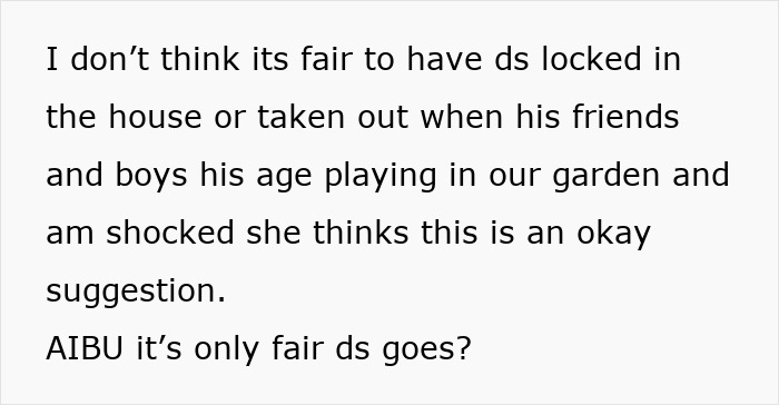 Text screenshot about a mom's request to keep her son away from a party so he doesn't outshine another child. Text screenshot about a mom's request to keep her son away from a party so he doesn't outshine another child.