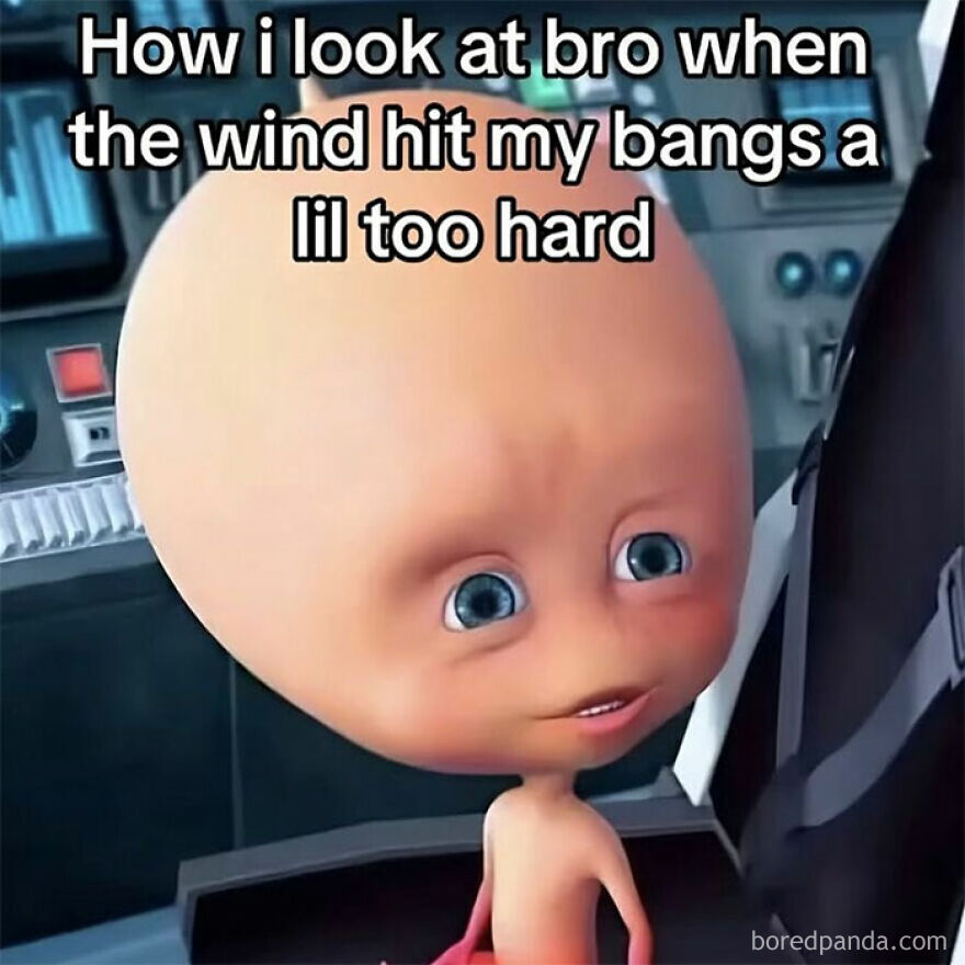 Bald character looks surprised, with text about bangs and wind, highlighting a funny meme from girl posts.